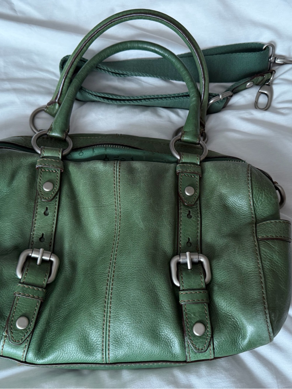 Vintage Fossil Green Leather Satchel Bag - Picture 3 of 5